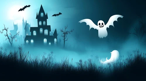 Spooky Halloween Scene with Ghosts and Bats