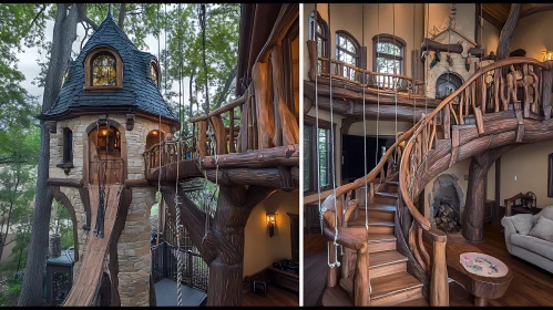 Whimsical Wooden Treehouse with Cozy Interior