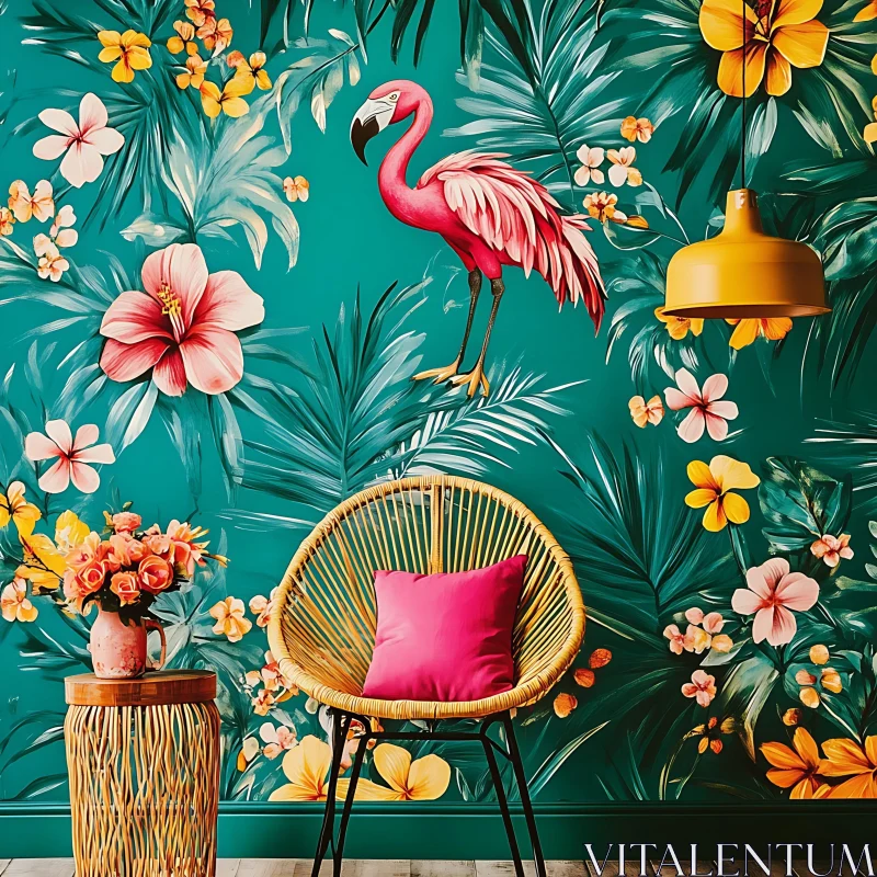 AI ART Pink Flamingo and Tropical Floral Interior