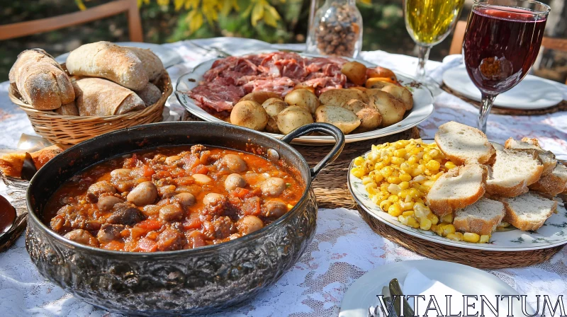 Outdoor Banquet with Stew and Meats AI Image