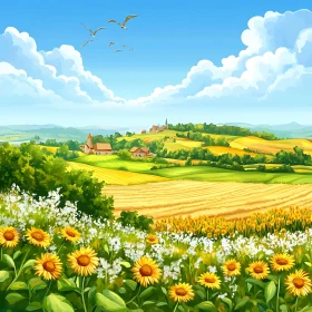 Cartoon Sunflower Field with Birds