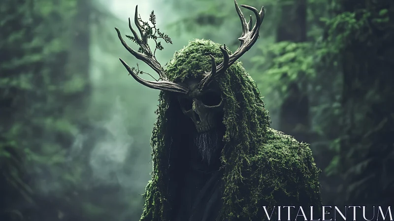 AI ART Moss Covered Skull in Misty Woods