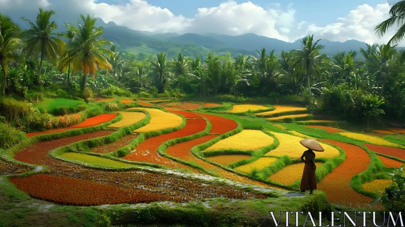 Colorful Rice Fields in Asian Landscape AI Image