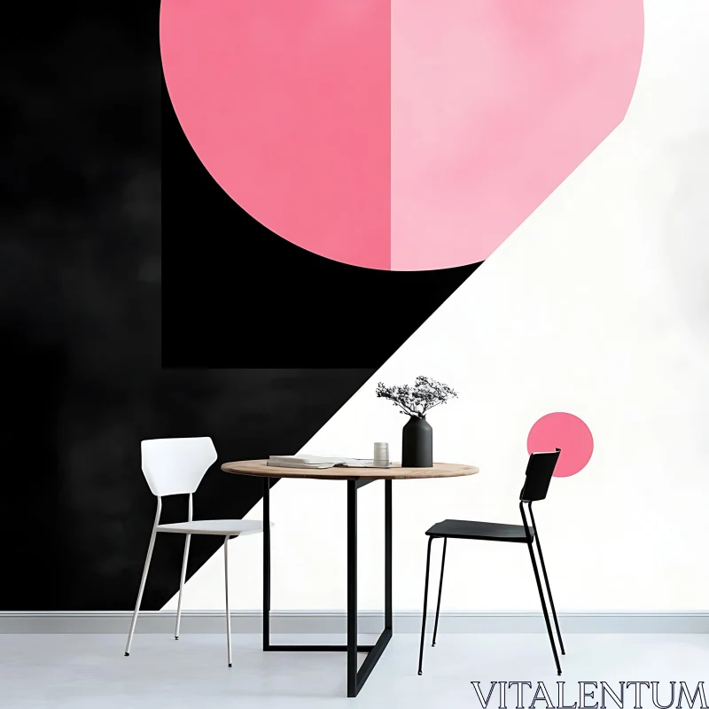 Minimalist Interior with Pink and Black Geometric Wall AI Image