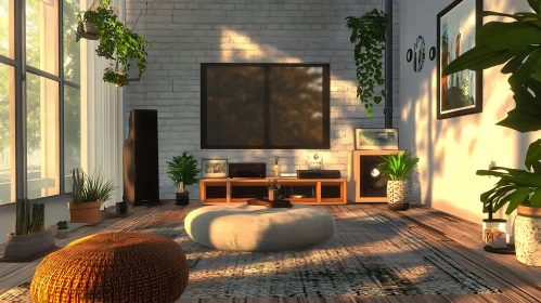 Sunlit Interior with Plants and TV