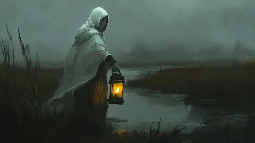 Mysterious Lantern Figure in the Mist