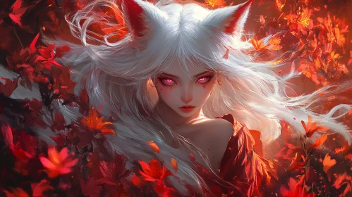 Crimson Leaves and Fox-Girl Anime Art