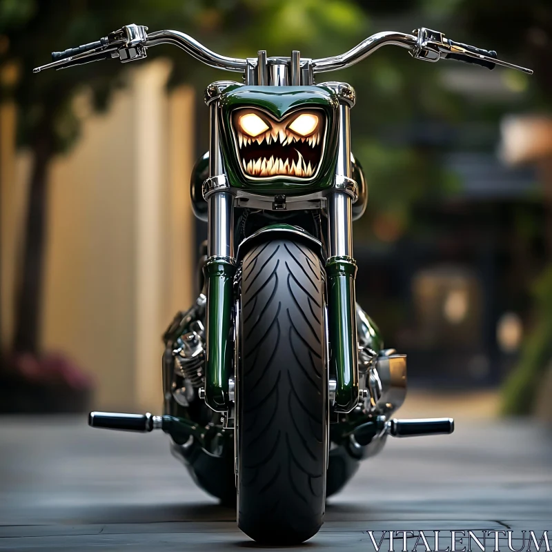 Menacing Green Motorcycle with Monster Headlight AI Image