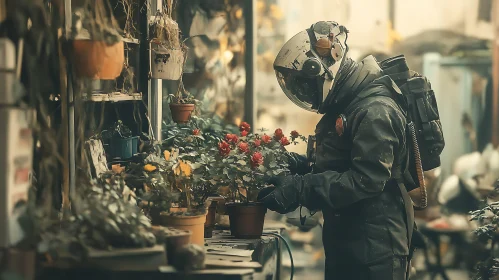 Spacesuit Gardener in Urban Setting