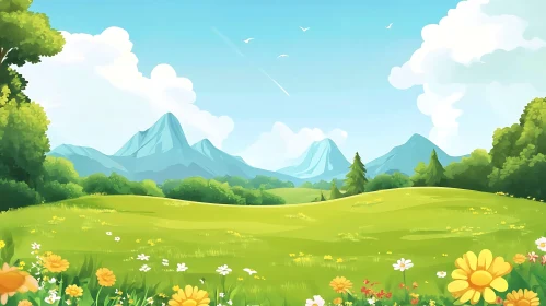 Cartoon Mountain Landscape with Flowers