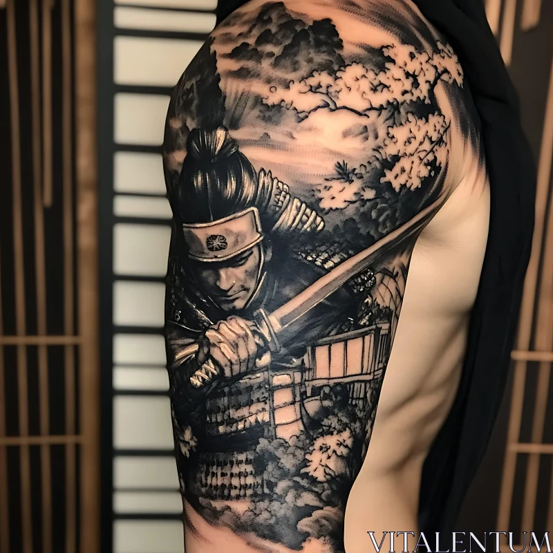 Detailed Japanese Samurai Arm Tattoo Art AI Image