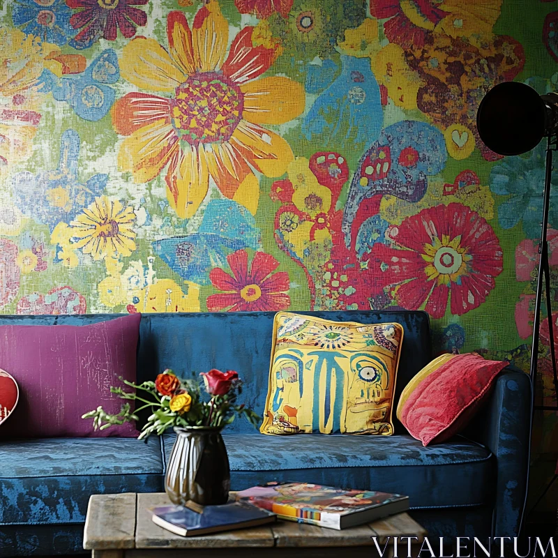 Colorful Living Room with Floral Wallpaper AI Image