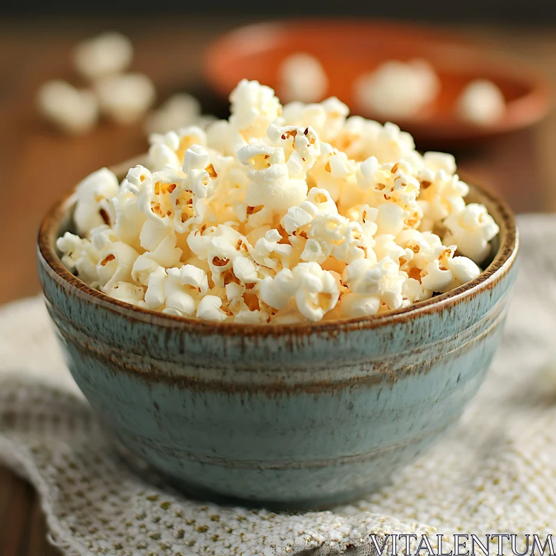 Ceramic Bowl of Popcorn on Textured Cloth AI Image