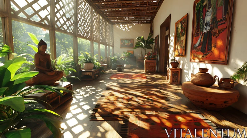 AI ART Sunlit Interior with Plants and Buddha Figure