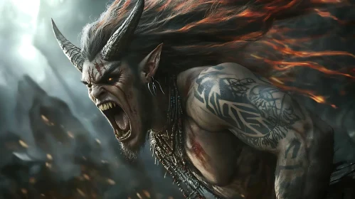 Angry Demon with Horns and Tattoos