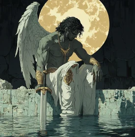 Moonlit Angel with Sword by Water