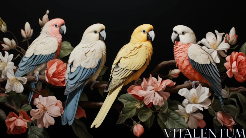 Colorful Parrots on Floral Branch Artwork AI Image