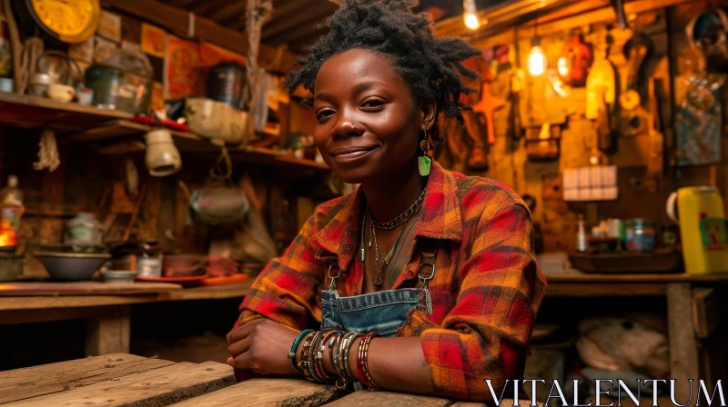 Confident Young Woman in Rustic Workshop | African-American | Plaid Shirt AI Image