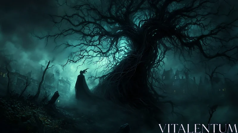 AI ART Mysterious Figure by the Dark Tree