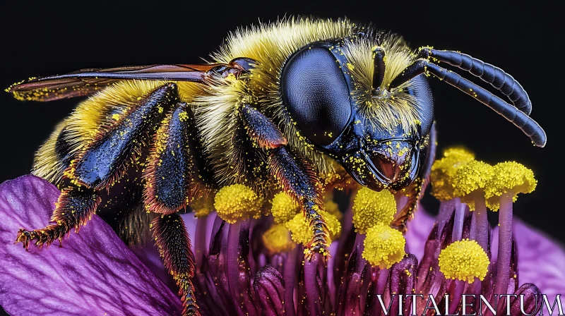 Close-Up Image of a Bee on a Purple Flower AI Image