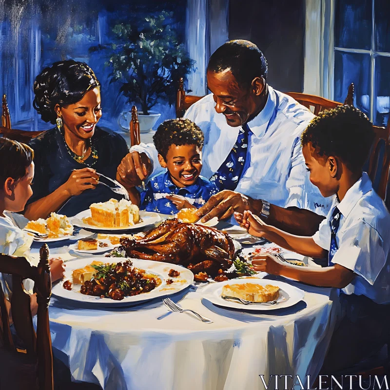 Family Thanksgiving Meal Painting AI Image