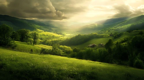 Picturesque Green Hills and Sunlight Landscape