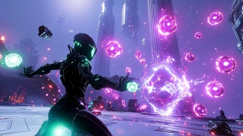 Cyborg with Glowing Orbs in Neon Arena