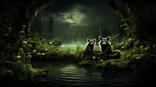 Enchanting Woodland Scene with Animals Under Starry Sky