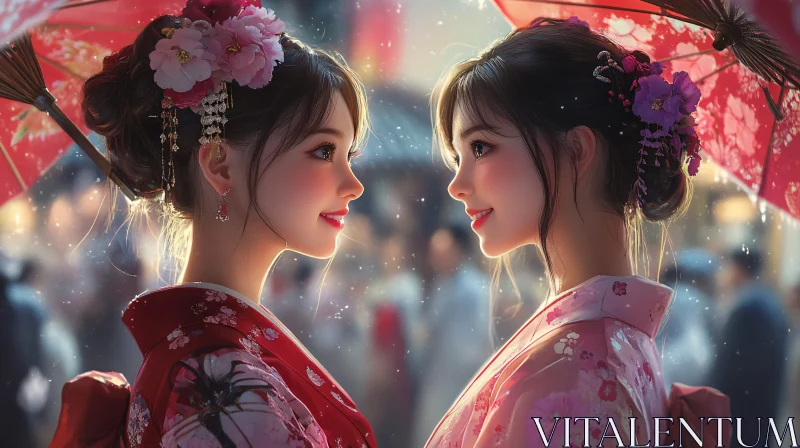 Floral Kimonos: A Gentle Encounter AI Image