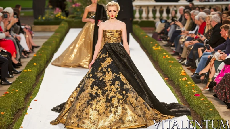 Fashion Model in a Striking Gold and Black Dress on the Runway AI Image
