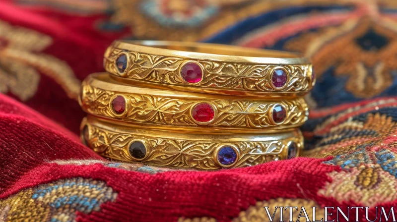 Intricate Floral Design - Gold Rings with Gemstones on Red Velvet AI Image