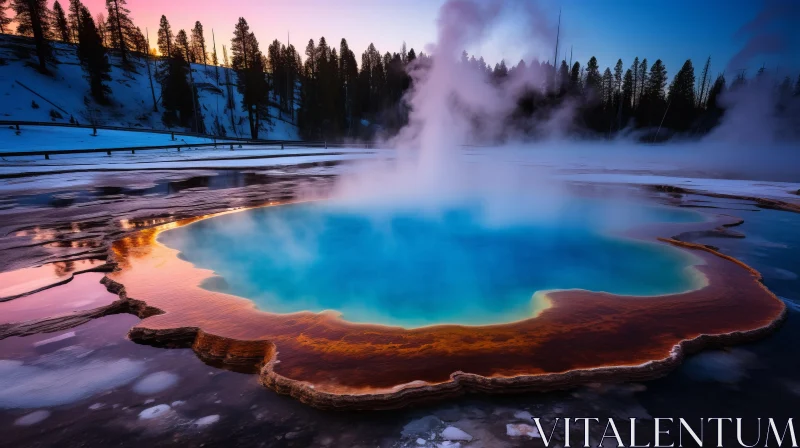 AI ART Mesmerizing Hot Spring at Sunset in Winter near Yellowstone National Park