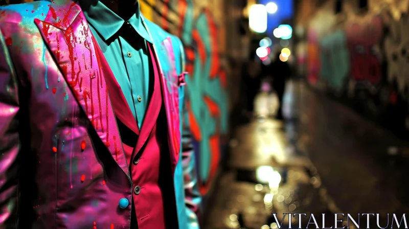 Mysterious Man in Colorful Suit in Dark Alleyway AI Image