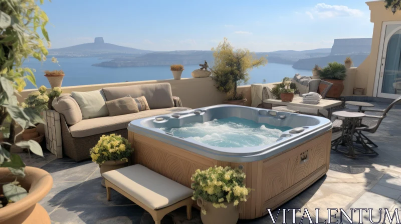 Tranquil Outdoor Hot Tub with Cityscape Views | Mediterranean Design AI Image