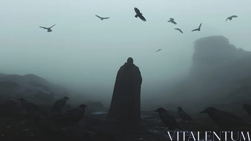 Misty Encounter with Crows and Figure AI Image