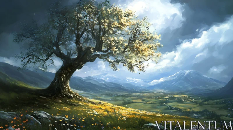 AI ART Landscape Painting with Tree and Mountains