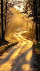 Golden Sun Rays on a Misty Forest Road