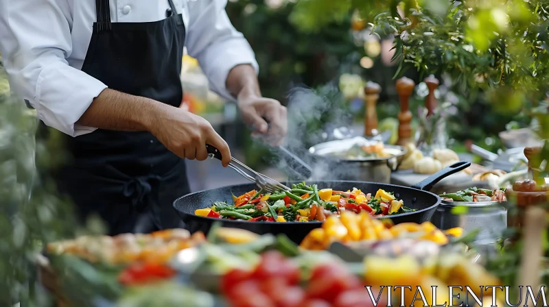 Culinary Art: Chef Cooking Vegetables Outdoors AI Image