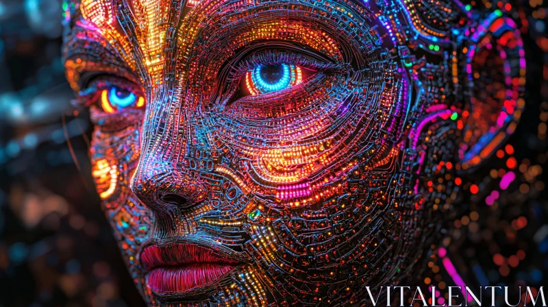 Cyborg Face with Intricate Light Patterns AI Image