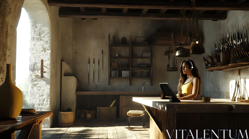 AI ART Sunlit Workspace with Woman and Headphones