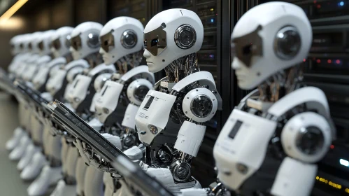 Array of White Humanoid Robots