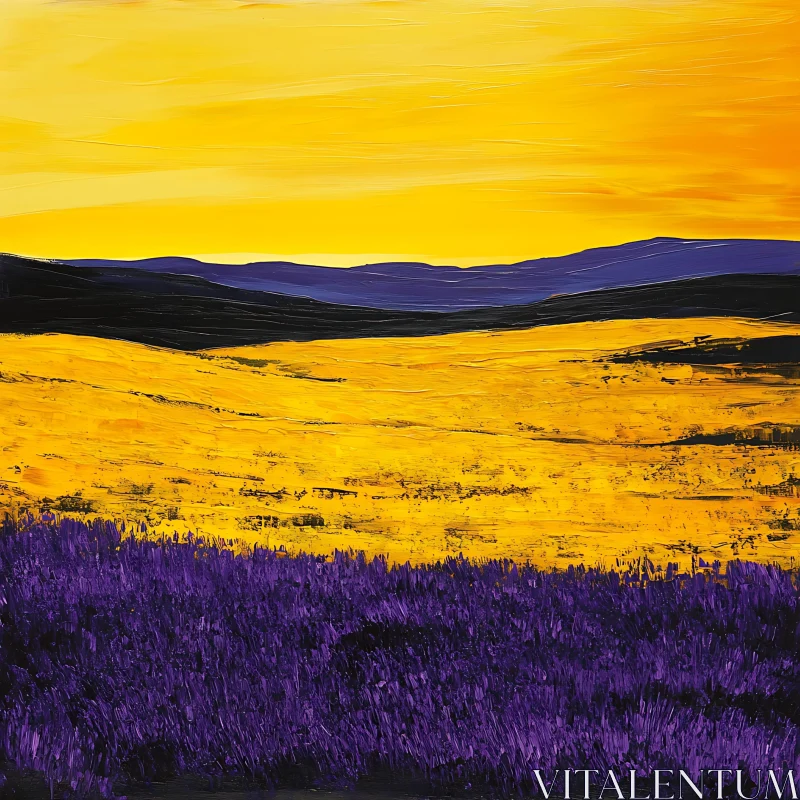 Golden Sky Above Violet Meadow Artwork AI Image