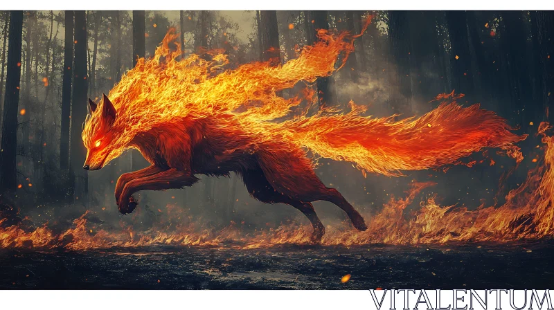 Fox on Fire in the Woods AI Image