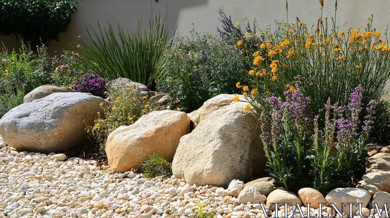 AI ART Stunning Outdoor Garden with Floral Arrangement and Rock Decor