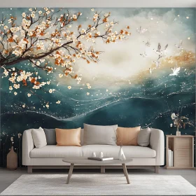 Blossom Tree and Birds Abstract Painting