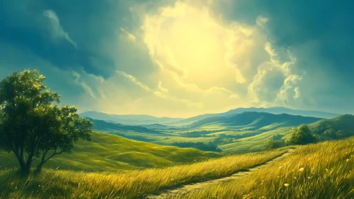 Green Hills and Cloudy Sky