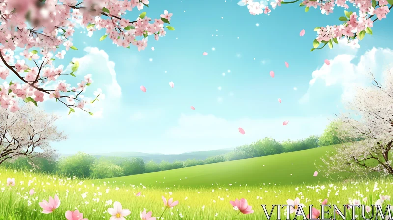 AI ART Pink Blossoms in a Sunny Field