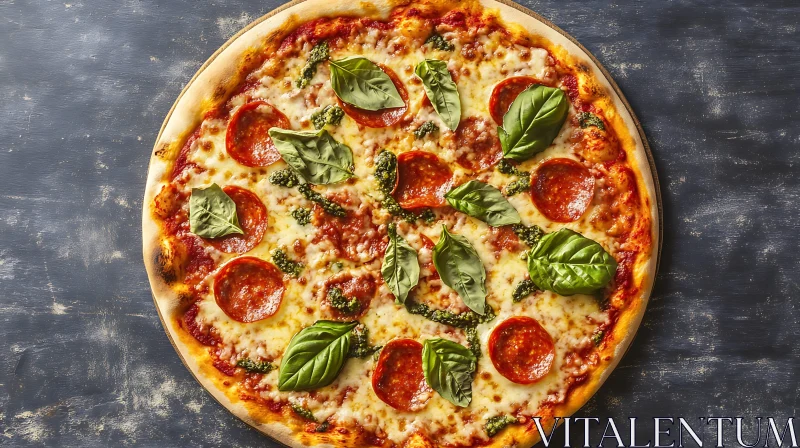 Mouth-Watering Pepperoni Pizza with Fresh Basil AI Image