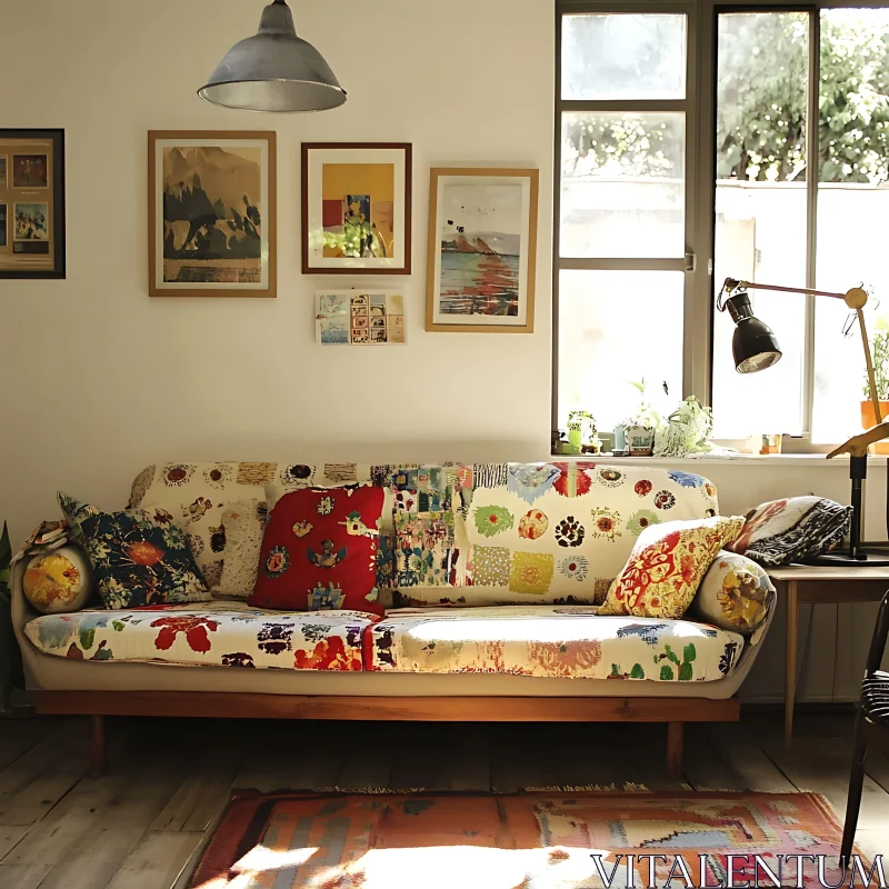 Comfortable Home Interior with Colorful Sofa AI Image