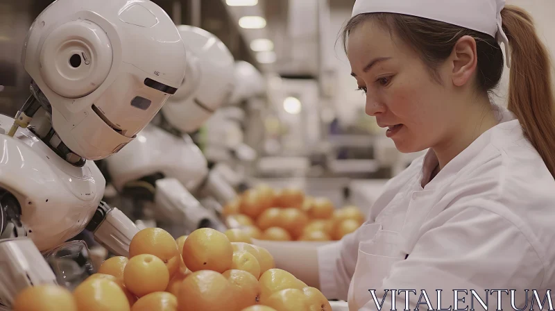 AI ART A Woman and Robots Sorting Oranges